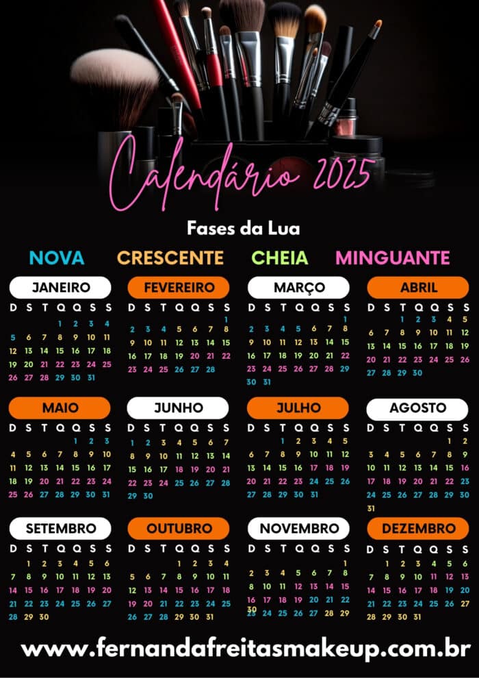 Baixe o Calendário 2025 temático de maquiagem e beleza, ideal para salões e clínicas. Gratuito em JPG e PDF. Organize-se com estilo!